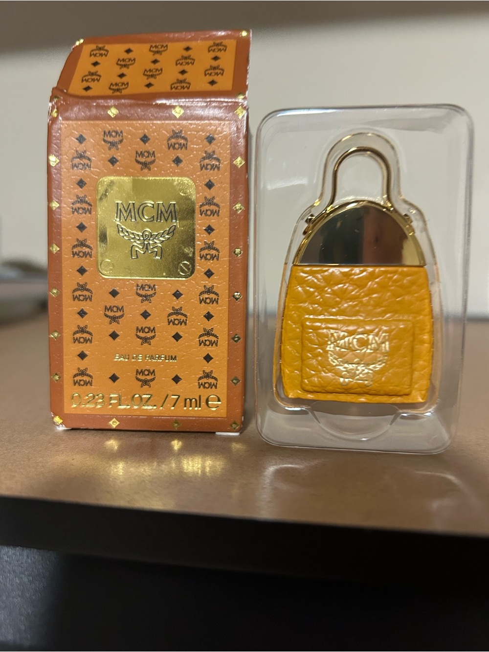 MCM Yellow Leather Padlock Charm Key Holder with Gold Hardware